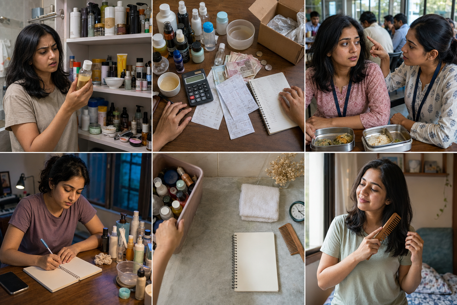 Riya Paul surrounded by different hair care products after trying multiple solutions